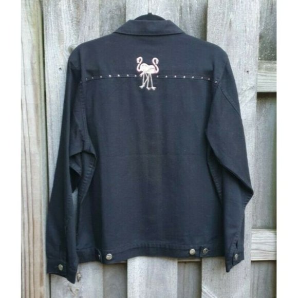 Las Olas Women M Black Denim Jean Jacket Pink Flamingo Rhinestone - Picture 6 of 9